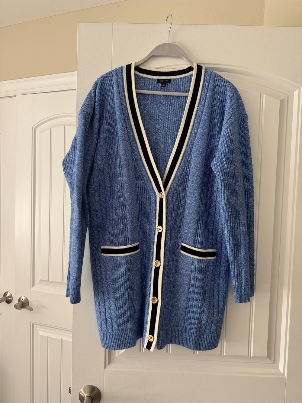 Talbots Blue Knit V‑Neck Cardigan with Black and Cream Trim